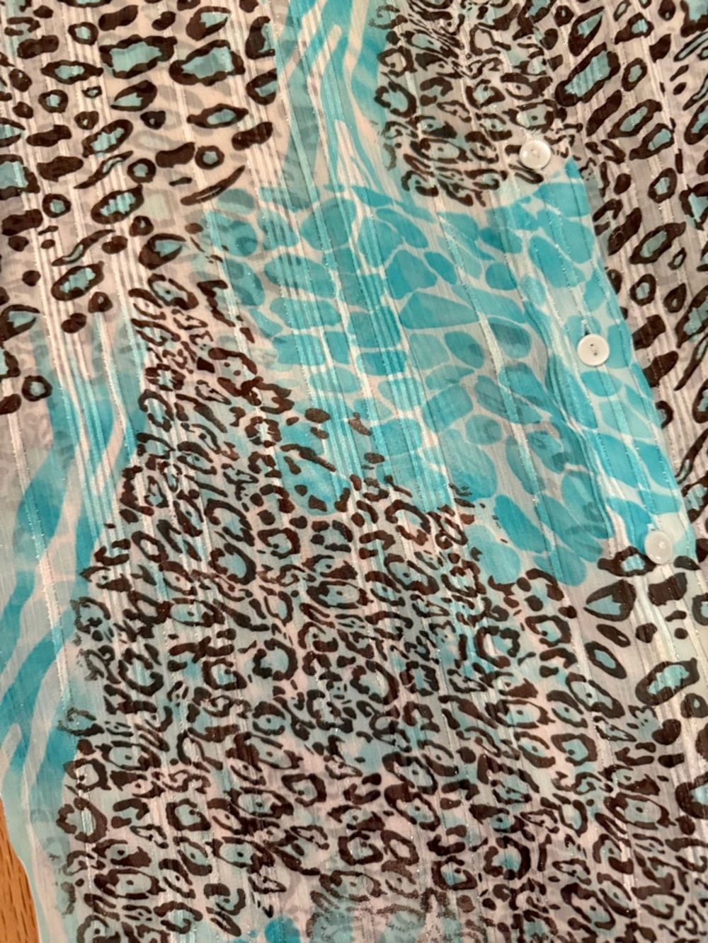 Sheer Animal & Aqua Patchwork Print Metallic Button-Up Blouse Size M - Picture 4 of 7